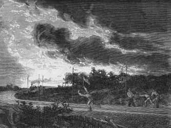 Cantonnier making the alarm signal and running in front of a train to prevent accidents. In 