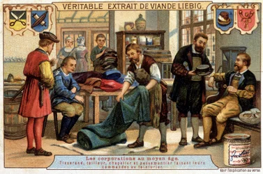 Careers in the Middle Ages: weaver, tailor, hatter and passemaker ordering the dyer - Liebig chromo