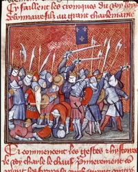 Carolingian dynasty: Carolingian king Charles II says the bald during a battle. Miniature from 