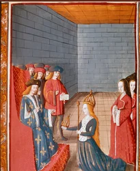 Carolingian king Charles II the Bald takes the head of the western empire at the death of his father Louis the Pious in 840. Miniature from 