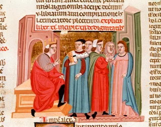 Celebration of a wedding at the time of Emperor Justinian (483-565). Miniature from 