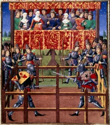 Ceremonies and ordinances as a pledge of battle: duel in closed field between two knights. Miniature from a manuscript by Jean de Rolin (15th century) 1460 Paris, B.N.