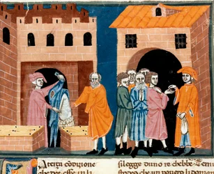 Charity in the Middle Ages: Public Assistance. Scene of Charity and Assistance to the Poor