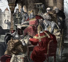 Charlemagne (742 - 814) on his throne presiding over the Palace Academy