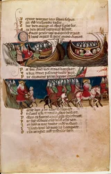 Charlemagne sails up on a ship and below guides his armies during his conquests