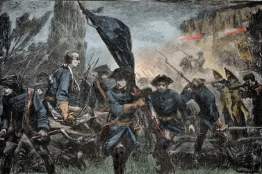 Charles XII of Sweden in Battle - Great North War (1700-1721): King Charles XII (Carl) of Sweden (1682-1728) at the Battle of Poltava in 1709 against the weapons of Peter I of Russia, called the Great (1672-1725)