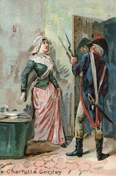 Charlotte Corday (1768-1793) after the murder of Marat. Liebig chromolithography of the 19th century