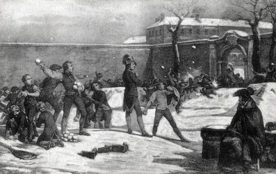Childhood of Napoleon I Bonaparte (1769 - 1821) at the military school of Brienne le Chateau (Dawn) in 1782: Napoleon in the midst of a snowball battle between children.