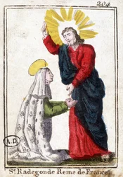 Christ and Saint Radegonde (ca. 520-587), Queen of France, wife of Clotaire I. Pious image. Engraving from the beginning of the 19th century