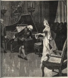 Christoph Willibald Gluck before the queen Marie-Antoinette at Trianon - Christoph Willibald Gluck (1714-1787), German composer playing in front of Queen Marie Antoinette at Trianon - engraving in Popular Music illustrated weekly newspaper - 1882