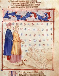 Circle of Traitors: Dante and Virgil meet Ugolino della Gherardesca, tyrant of Pisa and condemned for treason to the homeland, he beats the head of the Archbishop Ruggeri. Illuminated page illustrating the 33rd song of Hell from the 