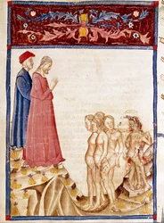 Circle of Traitors: Dante and Virgil meet the souls of the traitors of benefactors. Illuminated page illustrating the 34th song of Hell from the 