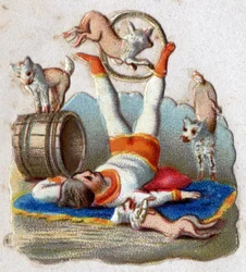 Circus: a tamer of animals making catches has dogs, including one passing in a hoop. Chromolithography around 1890