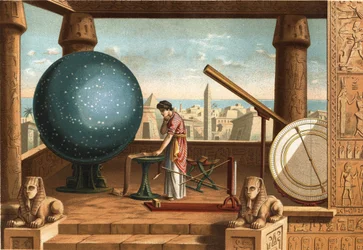 Claude Ptolemy (ca. 100 - ca. 170), Greek scholar and astronomer, in the Alexandria Observatory (Egypt). Barcelona 1877