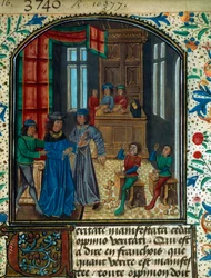 Coin minting in the Middle Ages. Miniature from a draft by Nicolas Oresme. 15th century B.N. Paris