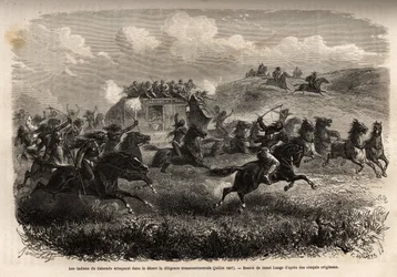 Colorado Indians attacking transcontinental diligence in the desert in July 1867. Engraving to illustrate the voyage to the far west American, by M. L. Simonin, in 1867, published in Le tour du monde, nouveau journal des voyages, edited by Edouard Charton