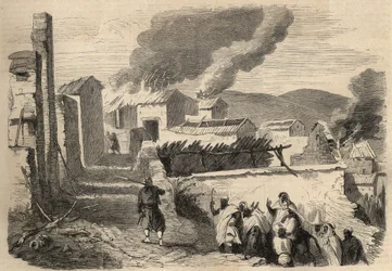 Conquest of Algeria: expedition to Great Kabylia in 1857. Submission of the Beni-Yenni based on a drawing by Mr. Ameller, battalion leader at the 1st Zouave. Engraving in 