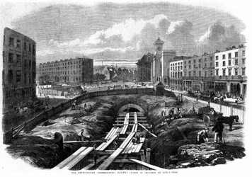 Construction of London Metro in 1850: works at King Cross.