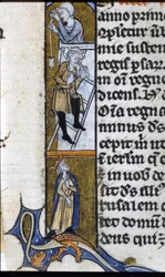 Construction of a monastery: workers and supervising king. Illumination of a manuscript from the middle of the 13th century. Biblioteca Trivulziana.