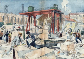 Construction of the Grand Palais, in Paris in 1898, on the occasion of the 1900 Universal Exhibition. In the center, the diamond wheel to cut stones. Illustration in Le Pelerin of July 3