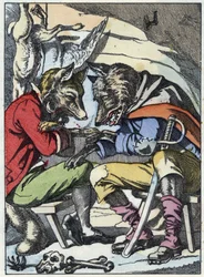 Conversation between the wolf and the fox. Illustration of the tale 