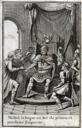 Coronation of Michael II the Amorian (the Stammerer) (770-829) as Byzantine emperor after his release from prison in 820. He is the founder of the Amorian dynasty. Engraving in "Beaute de l