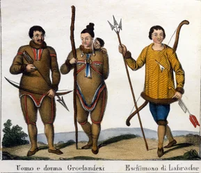 Costume. Couple of Greenland Eskimos with their Child and Labrador Eskimo. Lithograph, early 19th century