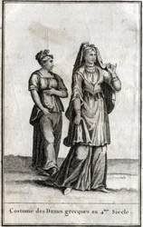 Costume of the Greek ladies in the 4th century. Engraving in 