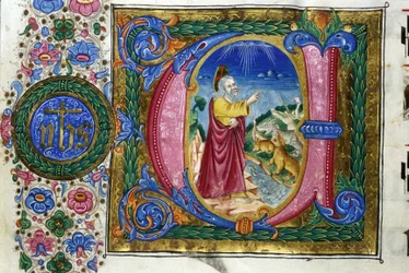 Creation: God before the creatures of the Earth. 15th-century manuscript. Biblioteca Nazionale Braidense, Milan.
