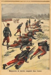 Creeping walking maneuvers in the army, experimentation with new tampons bracelets, which protect the palm of the hands. Engraving in Le petit journal 16/08/1896. Selva