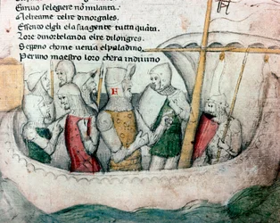 Crusaders on a boat. Illustration for the Tuscan poem “Febusso e Breusso”. Manuscript MS.B.R.45. 15th century. Florence, Biblioteca Nazionale