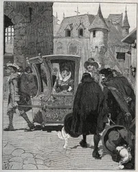 Cutlery: boatmen surround the chair of Marie de Rabutin-Chantal, Marquise de Sevigne to sell knives to her when she arrived at Nogent in 1675. Engraving from 1885 in 