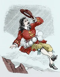 Cyrano de Bergerac removed by his vials, illustration from: L