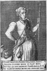 Dame Kenau Simonsdochter Hasselaer (1526-1588), the heroine of Haarlem (Holland) during the fight against the Spaniards in 1572. A 17th-century depiction comparing her to Judith and Holofernes.