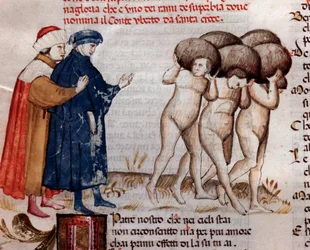 Dante and Virgil looking at count and Umberto Aldobrandeschi Oderisi da Gubbio (song 11 from Purgatory, in the Divine Comedy) 15th century