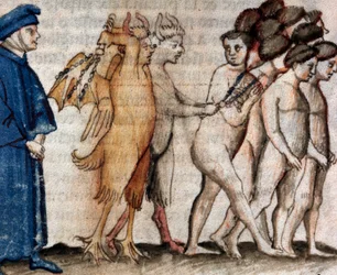 Dante Meets Venedico Caccianemico in the Circle of the Pimps (Canto 18 from Hell, in the Divine Comedy) - 15th-century miniature