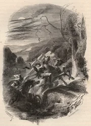 Death of Indutiomarus (Induziomaro), chief of the Treveri, killed by the Roman army in 53 BC. Engraving from 1868 in "Histoire de Belgique des temps primitifs jusqu