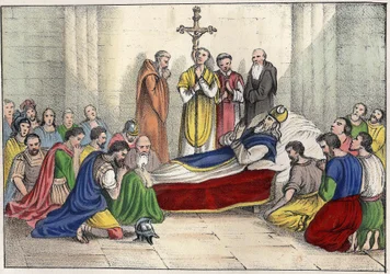 Death of Saint Augustin (354 - 430). Engraving in 