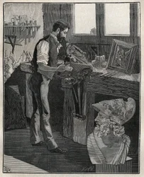 Decoration of silverware: bronze chiseller. Engraving from 1885 in 