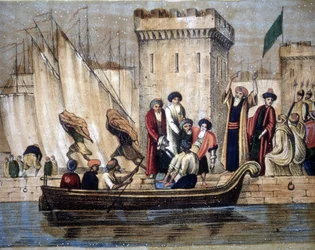 Departure of the Moors from Algiers following French colonization. An aged or sick man is loaded onto a boat. 19th century