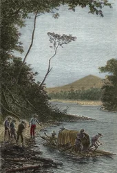 Descent of the Amazon (1743-1744) - The Start of the Raft by Charles Marie de La Condamine - engraving