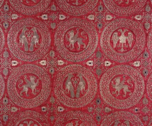 Detail of Ecclesiastic Costume Fabric in Purple Silk from Cyprus Representing Fantastic Animals (13th century)