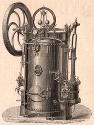 Detailed technical view of a small steam engine produced in Paris in 1866: boiler, cylinder, piston, connecting rod and flywheel