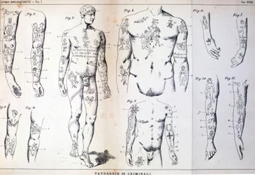 Different types of tattoos of criminals: board illustrated in 
