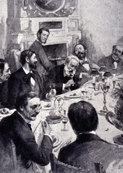 Dining at the table by Victor Hugo with Jean Mounet-Sully (1841 - 1916), French actor. Engraving of the 19th century