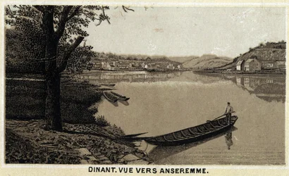 Dinner, view towards Anseremme, and river Lesse, Walloon Region of Belgium. Chromolithography of the late 19th century