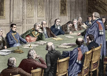 Discussion of the Civil Code at the Council of State (1800-1804), under the presidency of the first consul, Napoleon Bonaparte has his left Jean Jacques Regis de Cambaceres. Engraving of the 19th century.