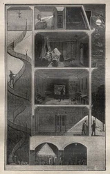 Domestic Electricity: Cross section of a building equipped with electricity - Engraving from 