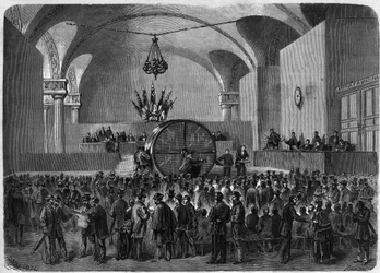 Drawing of Lots for Bonds to be Repaid Belonging to the Two Loans Contracted by the City of Paris in 1855 and 1866. Hotel de Ville de Paris, February 2