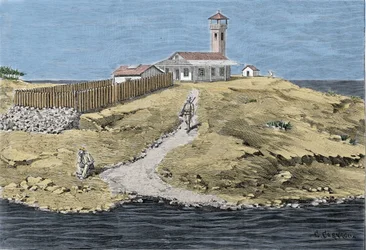 Dreyfus affair: Captain Alfred Dreyfus (1859-1935) departs to the island of the devil (1895-1899) in Guyana. Engraving